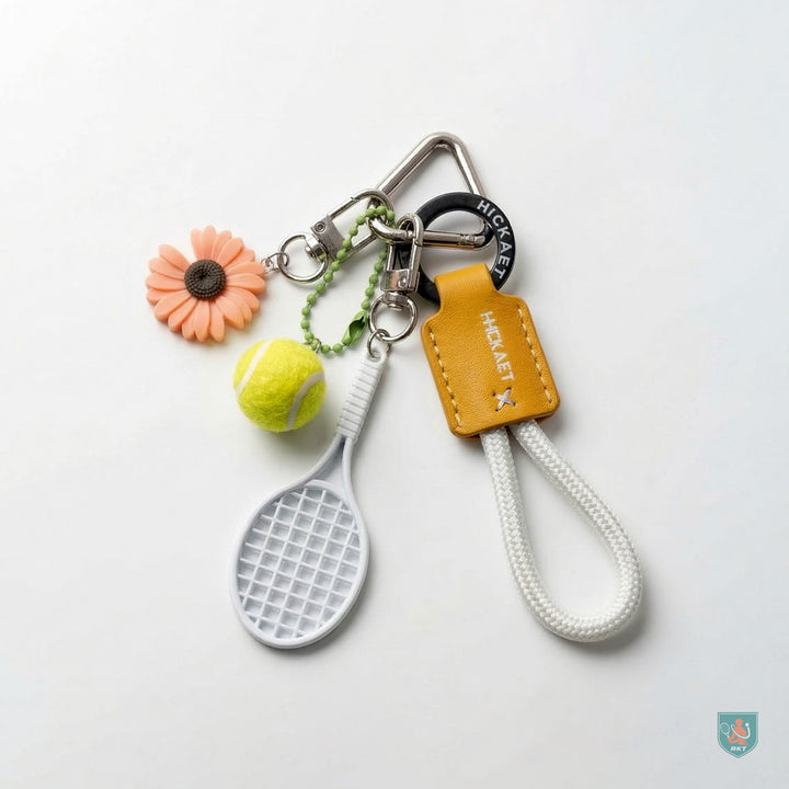 Tennis Racket Keychain with Flower Charm & Leather Strap